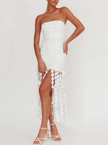 MQTIME  -  Strapless Party Gowns for Women 2025 Summer Sexy Tasseled Bodycon Mini Dress Solid White Skinny Evening Dresses